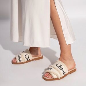 Gently worn CHLOE Woody White Shearling Flat Slides 38
